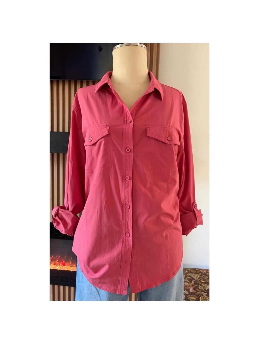 Eddie Bauer Departure Shirt Womens XL Pink Stretch Button Front Roll Tab Blouse